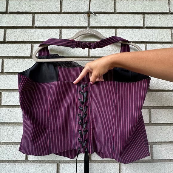 Current Mood x Dolls Kill Pinstripe Bustier Corset Top 2X Lace Trim Lace-Up Back - Picture 5 of 8